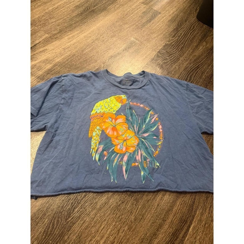 ONeill Blue Tropical Parrot Hibiscus Graphic Cropped Tee Shirt M